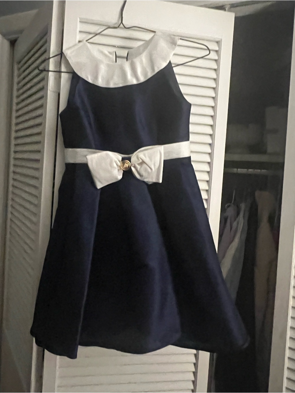 Navy Blue and White Girls' Bow A-Line Dress